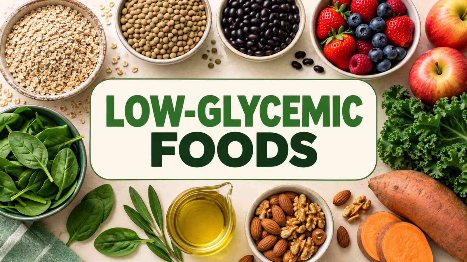 Low-glycemic foods list with oats, lentils, beans, berries, apples, greens and sweet potato