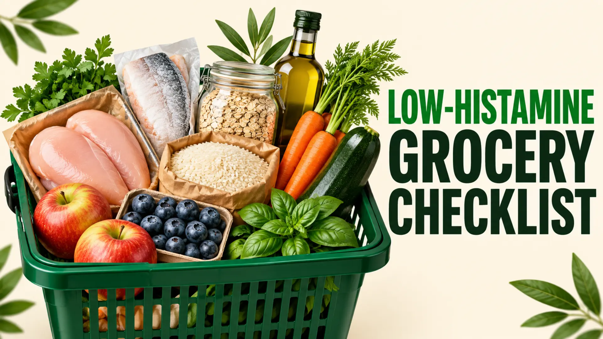 Low-histamine grocery checklist with fresh meat, frozen fish, rice, oats, apples, berries and vegetables