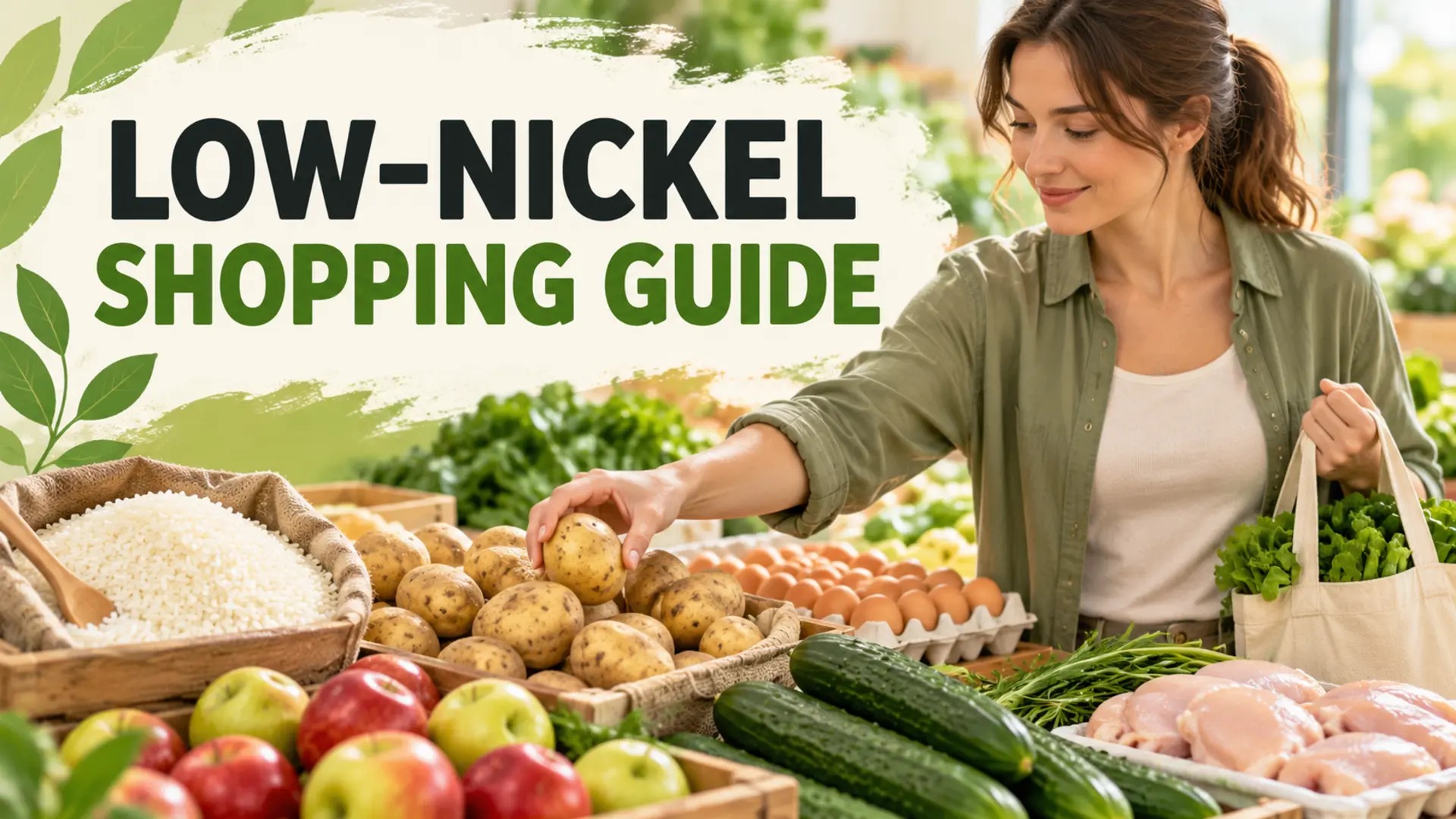 Low-nickel shopping guide with rice, potatoes, eggs, cucumber, apples and poultry