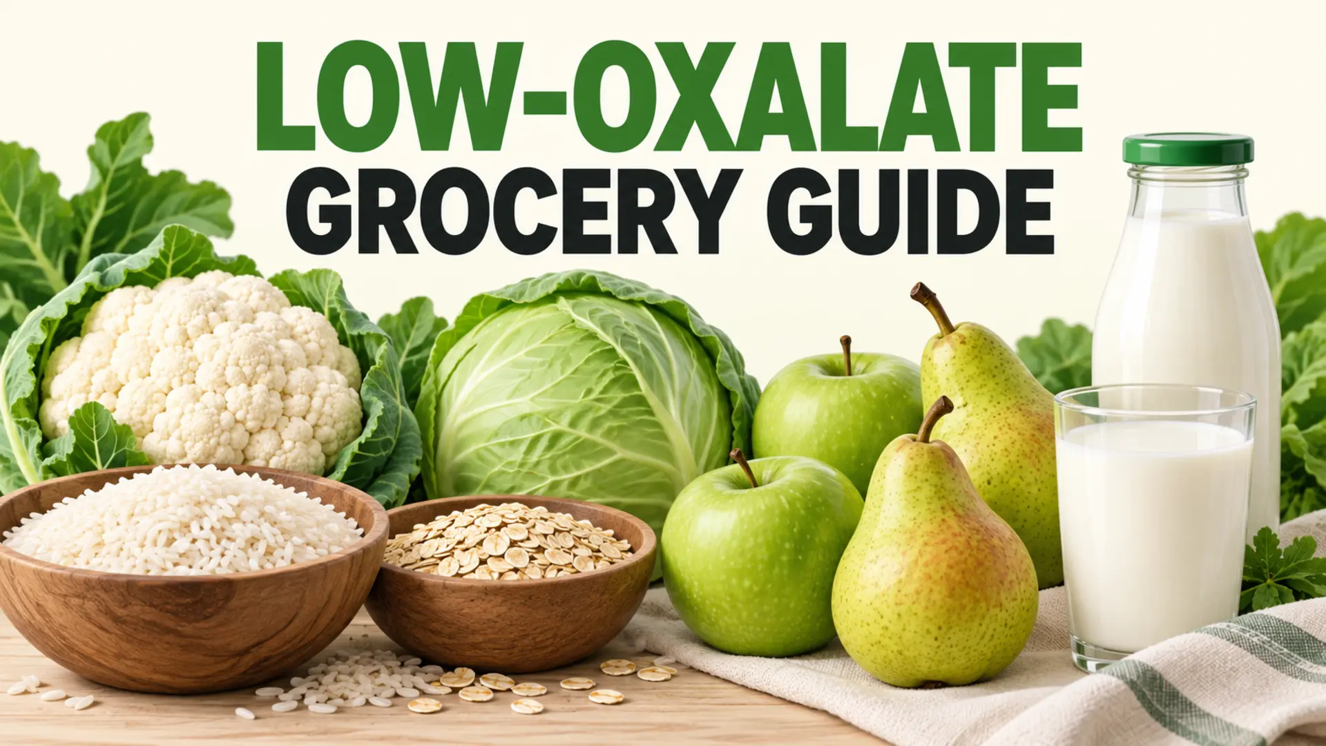 Low-oxalate grocery guide with rice, oats, cauliflower, cabbage, apples, pears and milk