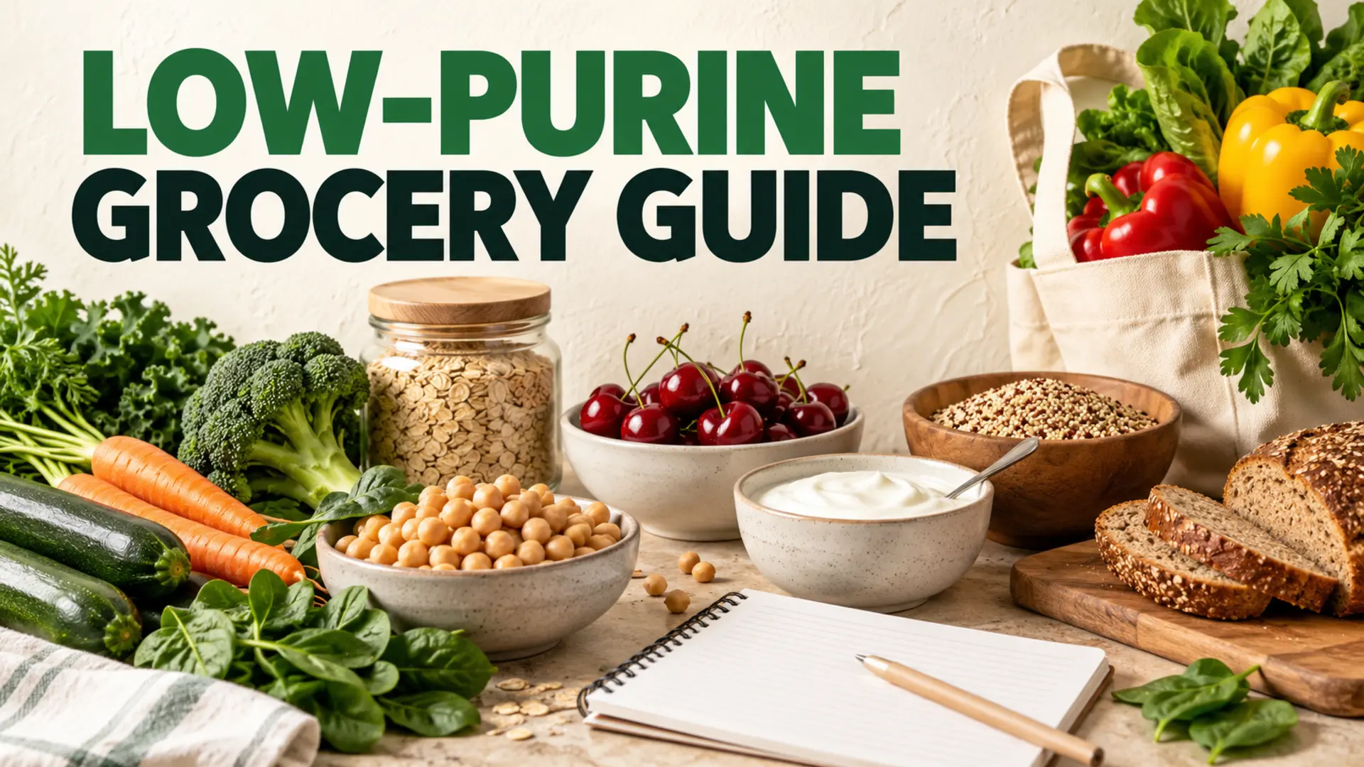 Low-purine grocery guide with yogurt, cherries, grains and vegetables
