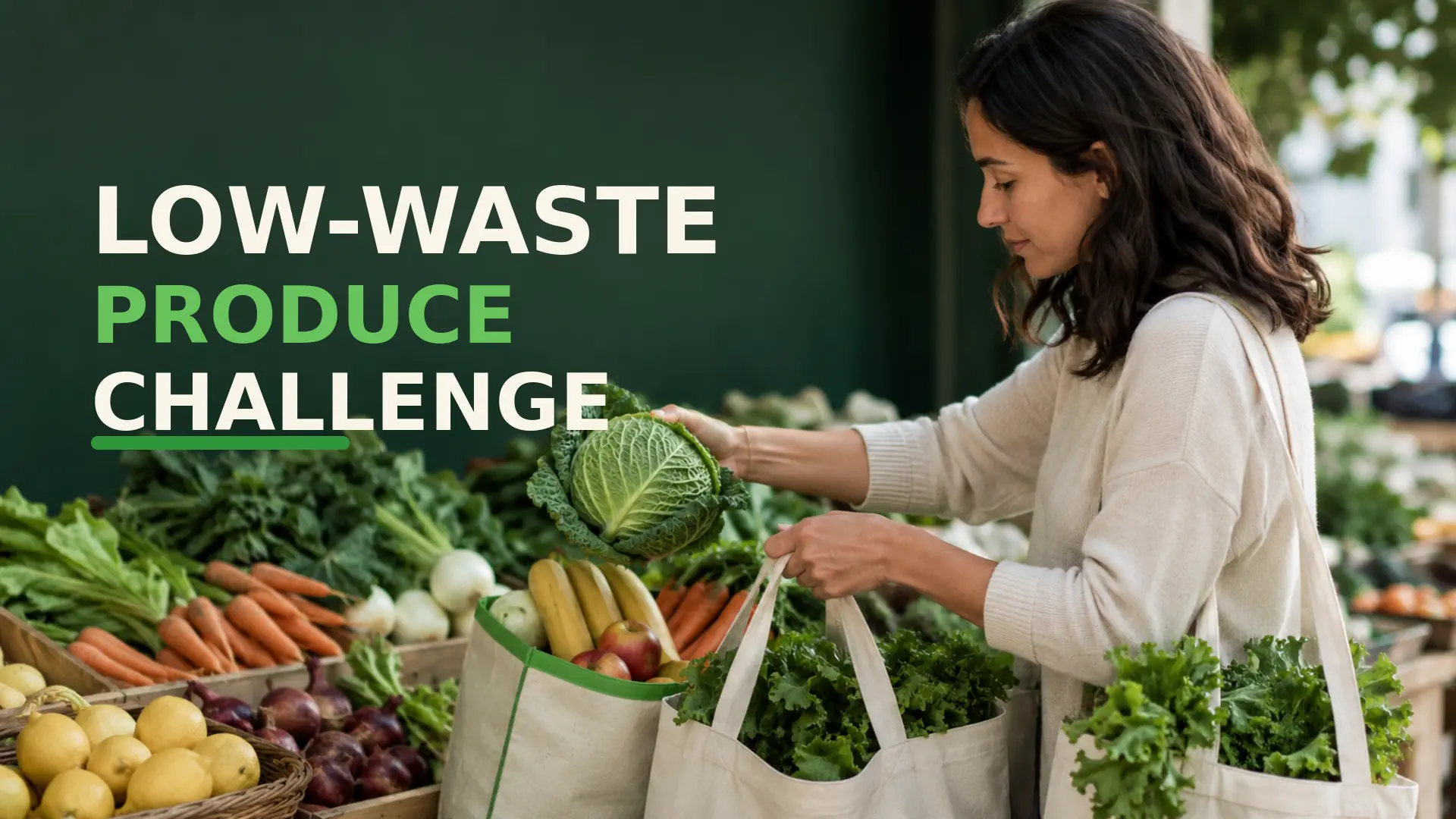 Low-waste produce shopping challenge with cabbage, carrots, apples, bananas, onions, greens and lemons in reusable bags