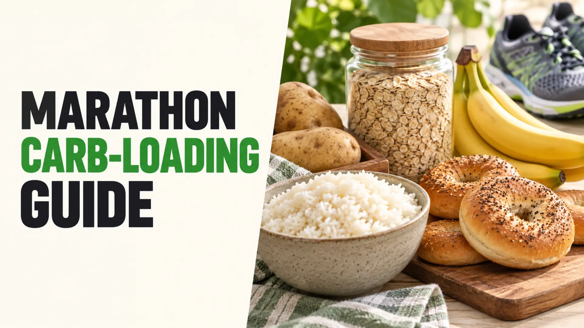 Marathon carb-loading guide with rice, bagels, bananas, oats and running shoes