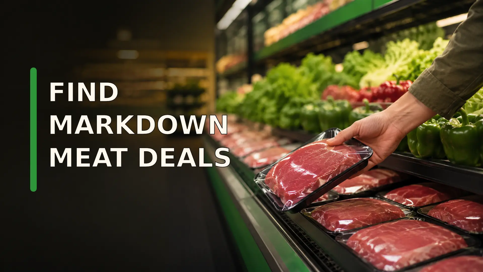 Markdown meat deals at a refrigerated counter with a shopper choosing sealed meat beside fresh vegetables