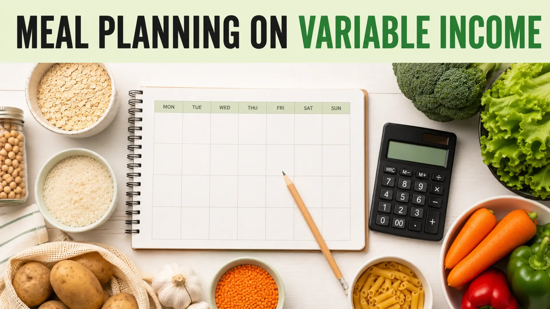 Meal planning on a variable income with a weekly planner, calculator and grocery staples