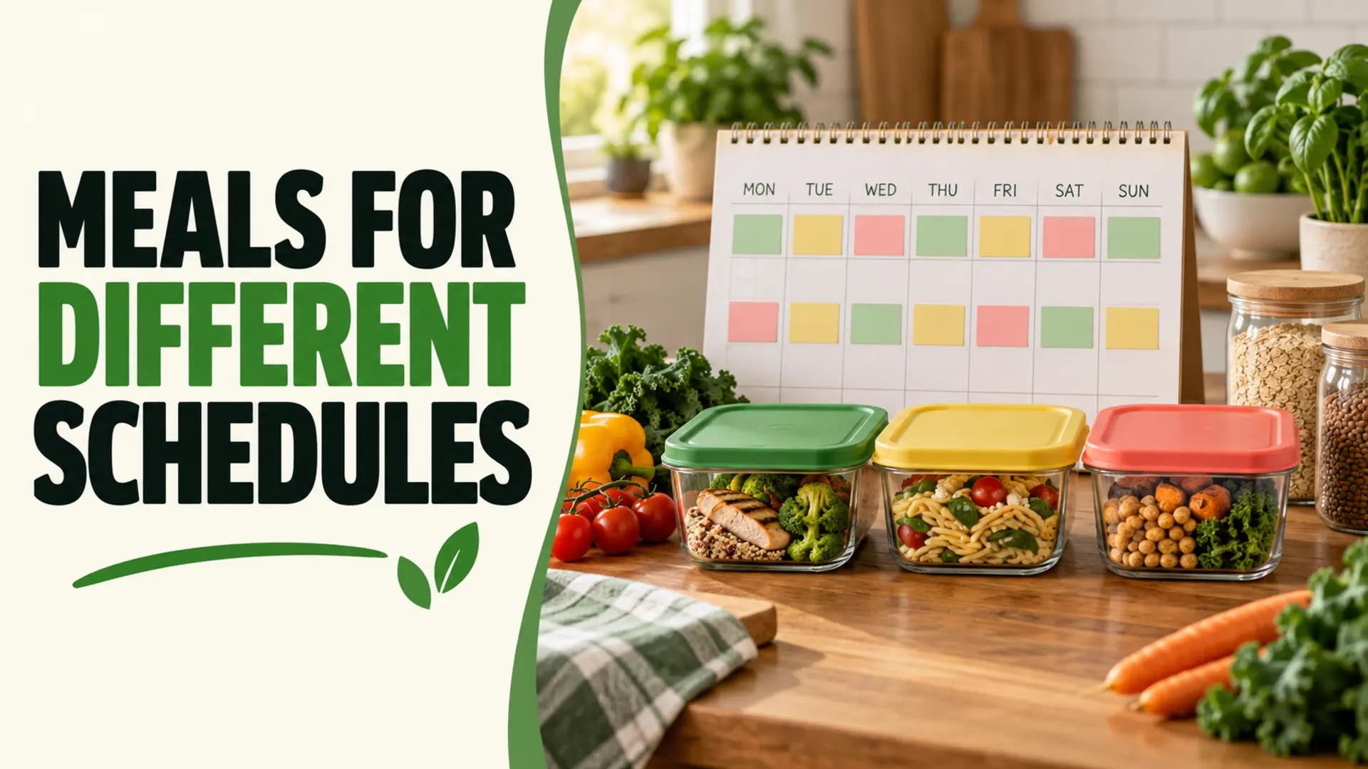 Meal planning for different family schedules with a weekly calendar and prepared meals