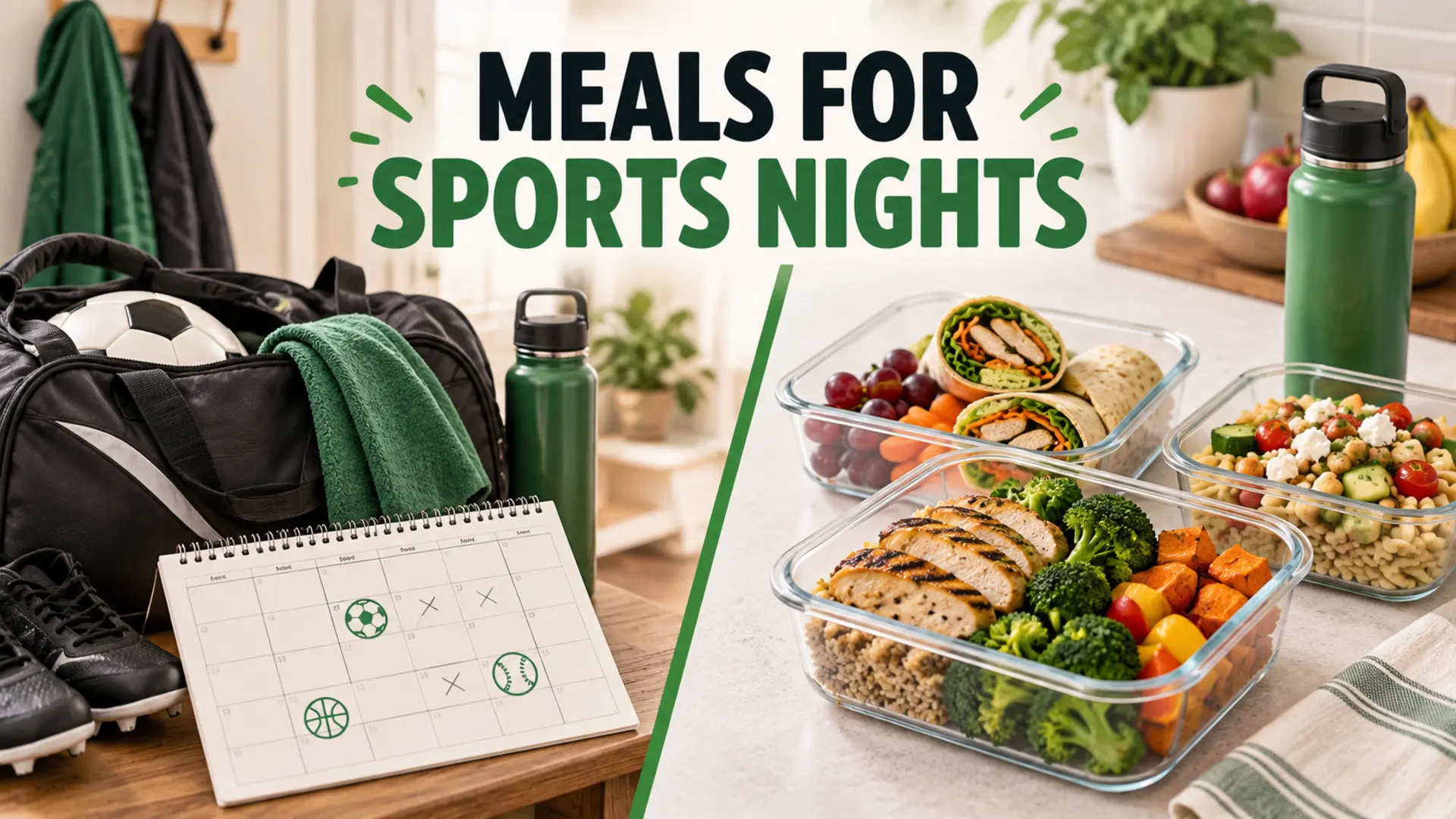 Meals for sports nights with portable food containers, water and a family calendar