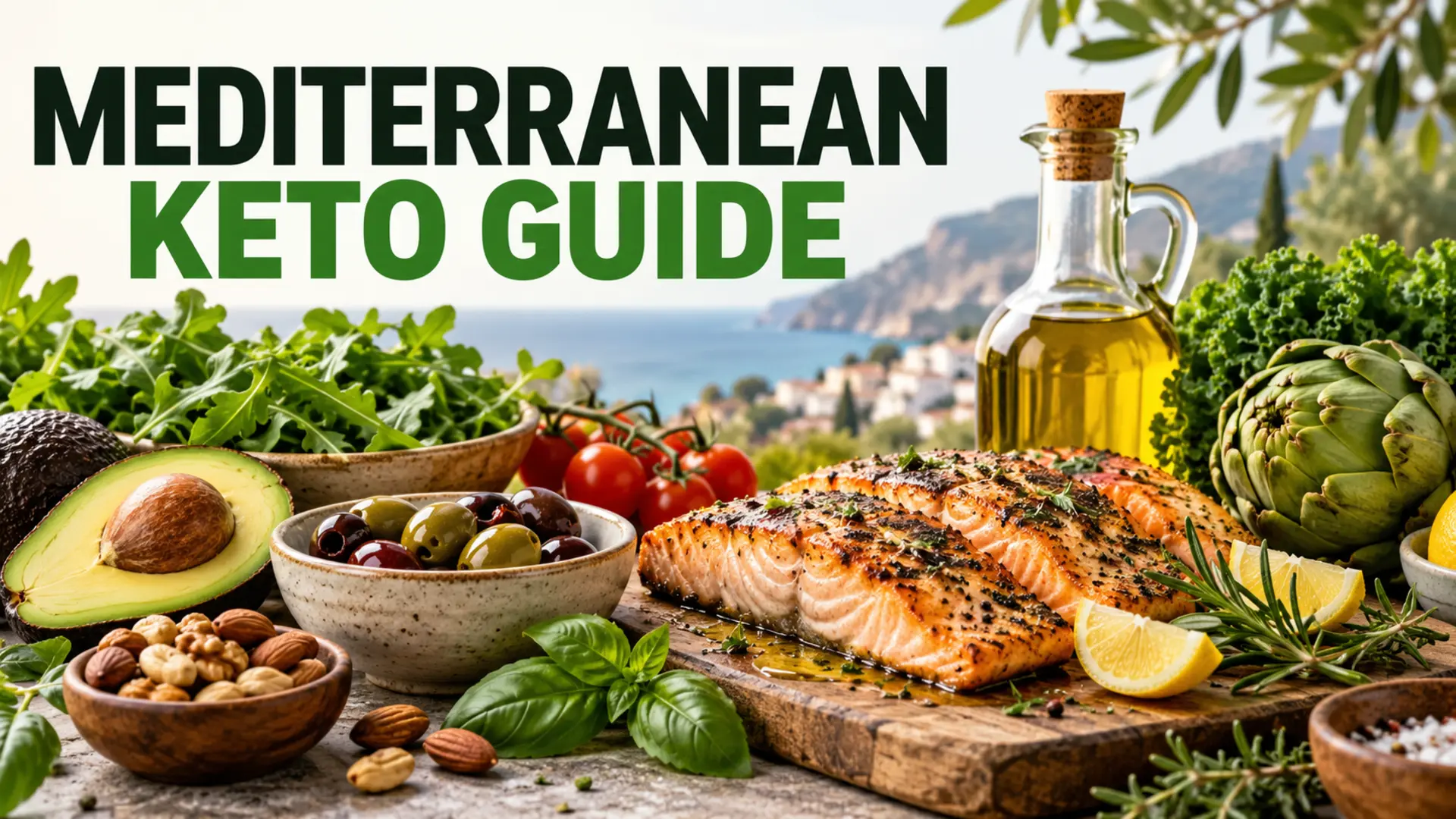Mediterranean keto guide with fish, olive oil, greens, avocado and nuts