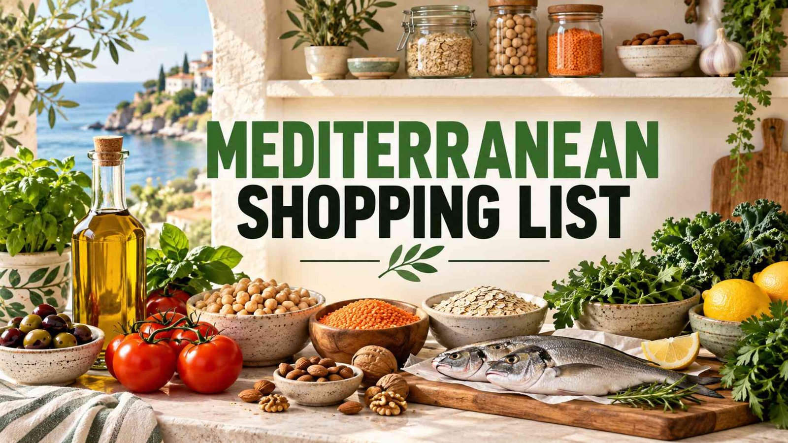 Mediterranean diet shopping list with olive oil, legumes, tomatoes, leafy greens, fish, citrus and nuts