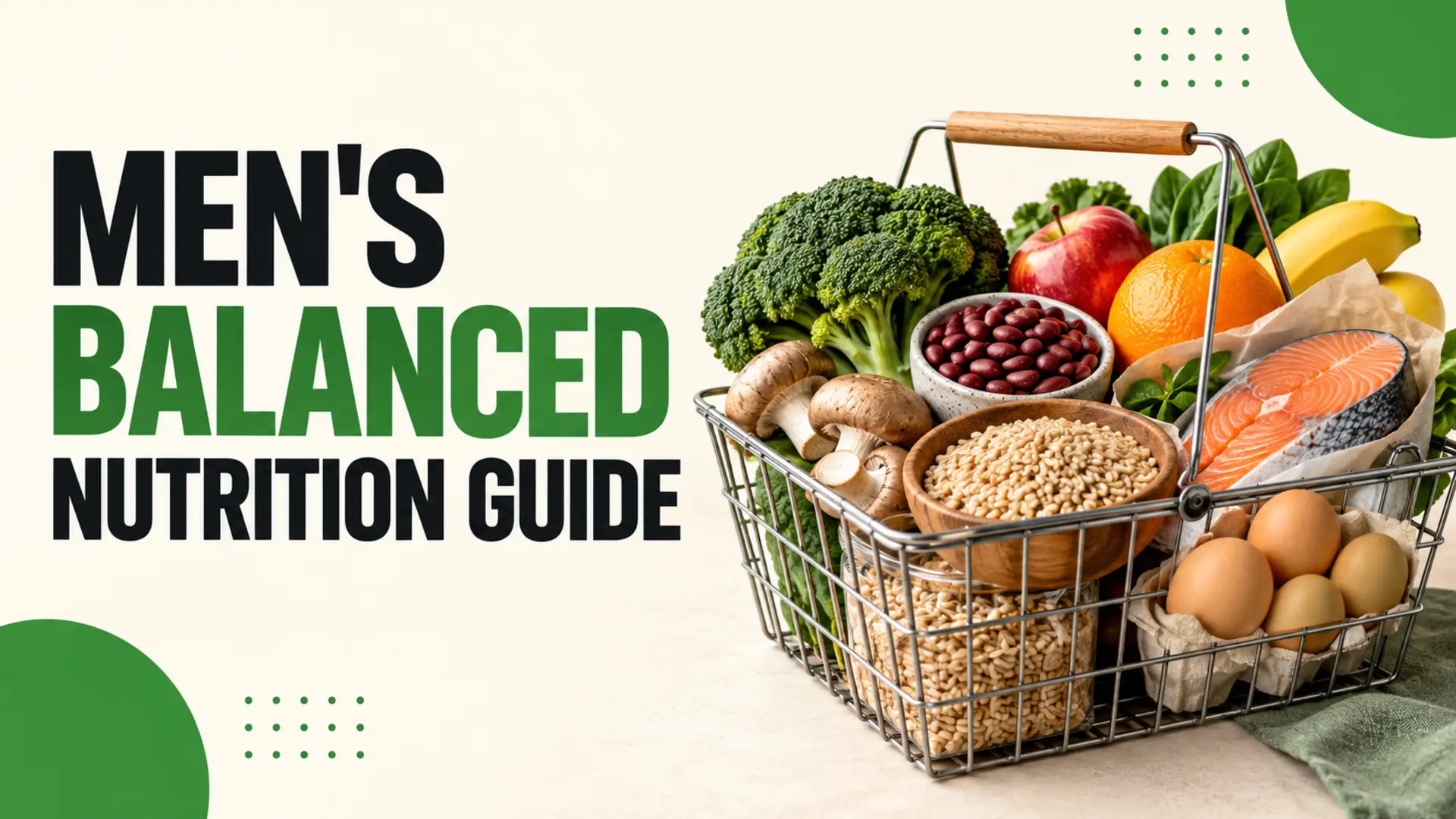 Men's balanced nutrition guide with broccoli, mushrooms, beans, grains, fish, eggs and fruit