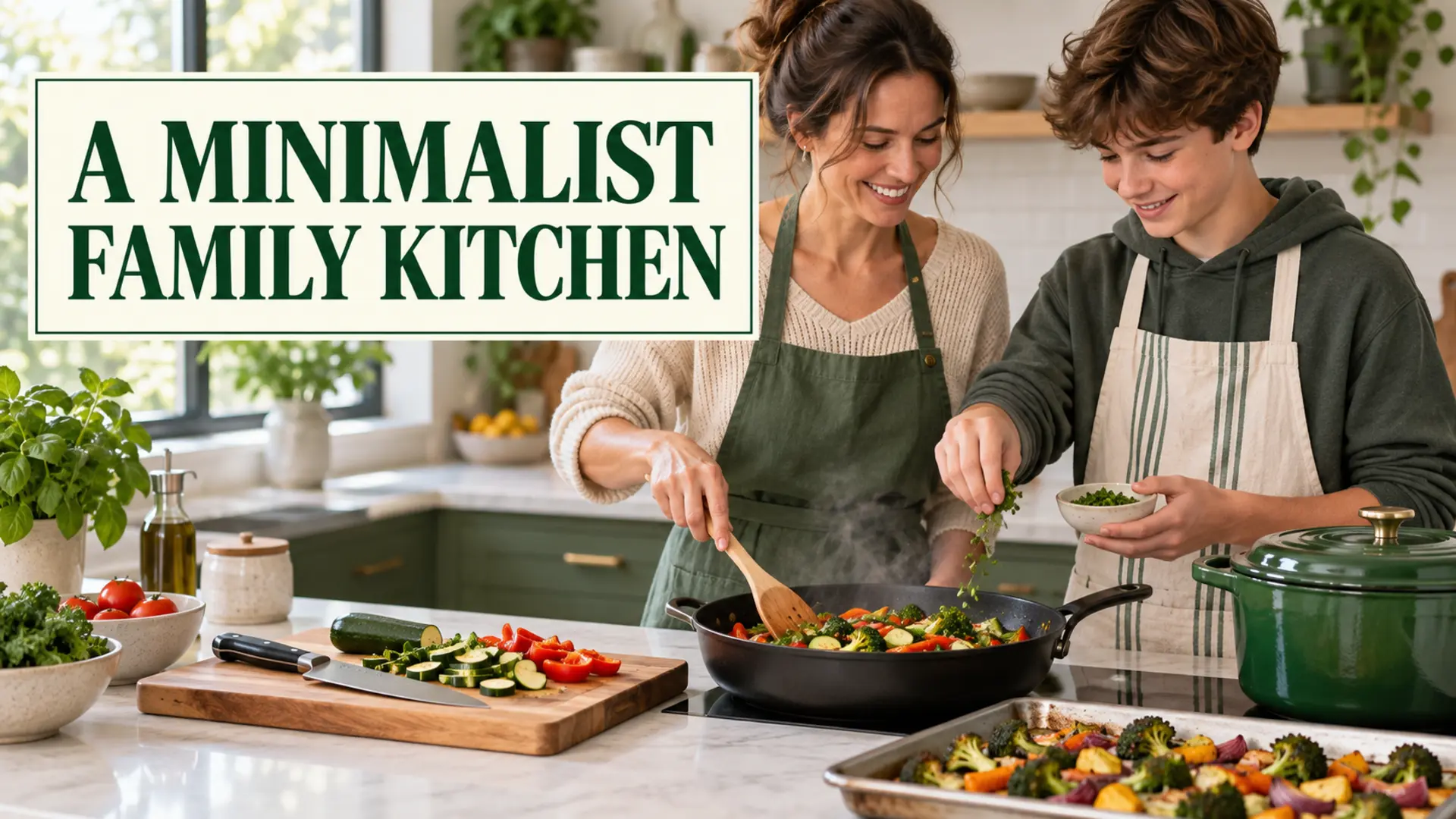 Minimalist family kitchen with versatile cookware and a simple vegetable meal
