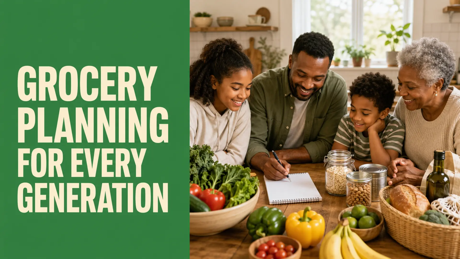 Multi-generational grocery shopping plan created by grandparents, parents, teenagers, and children