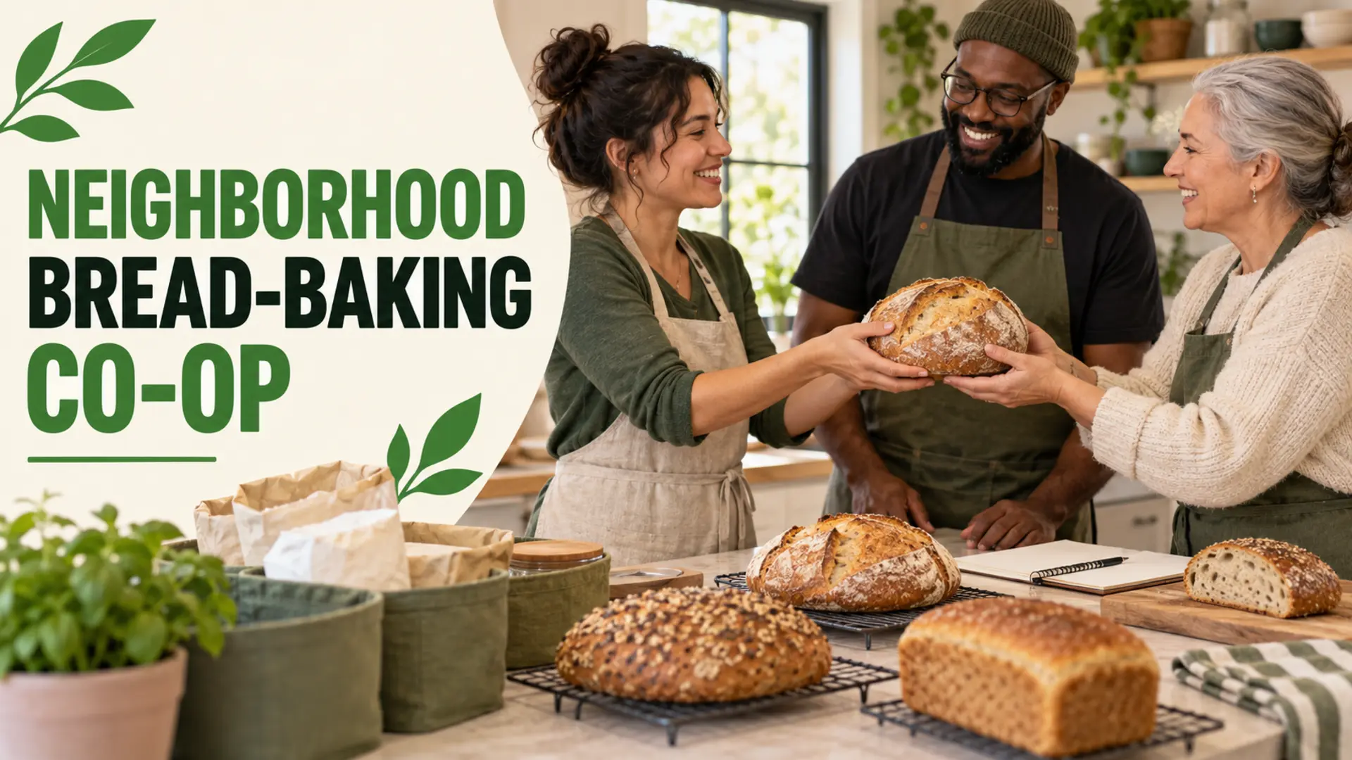 Neighbors organizing a bread-baking co-op with fresh loaves and shared ingredients