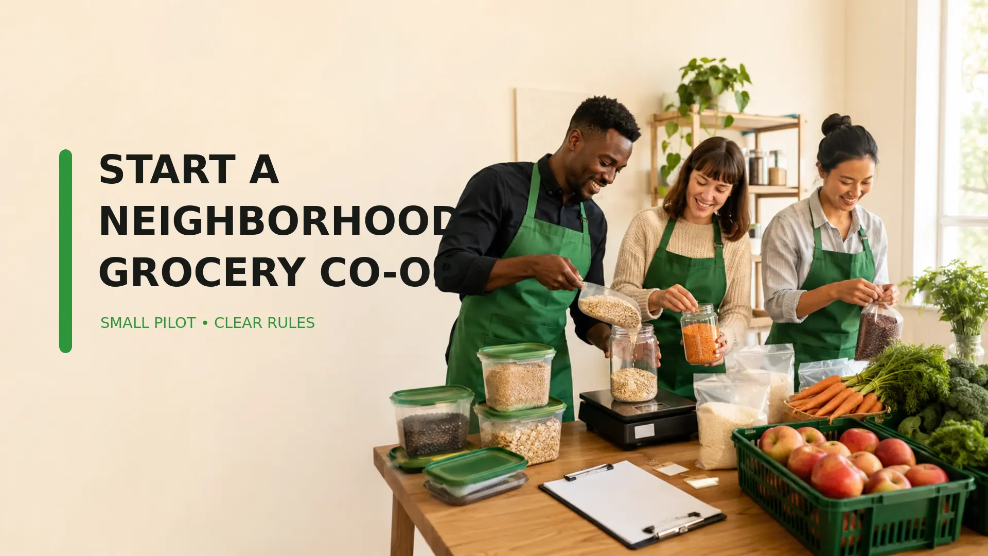 Neighborhood grocery co-op members safely dividing bulk grains, legumes and produce with food-safe containers and a scale