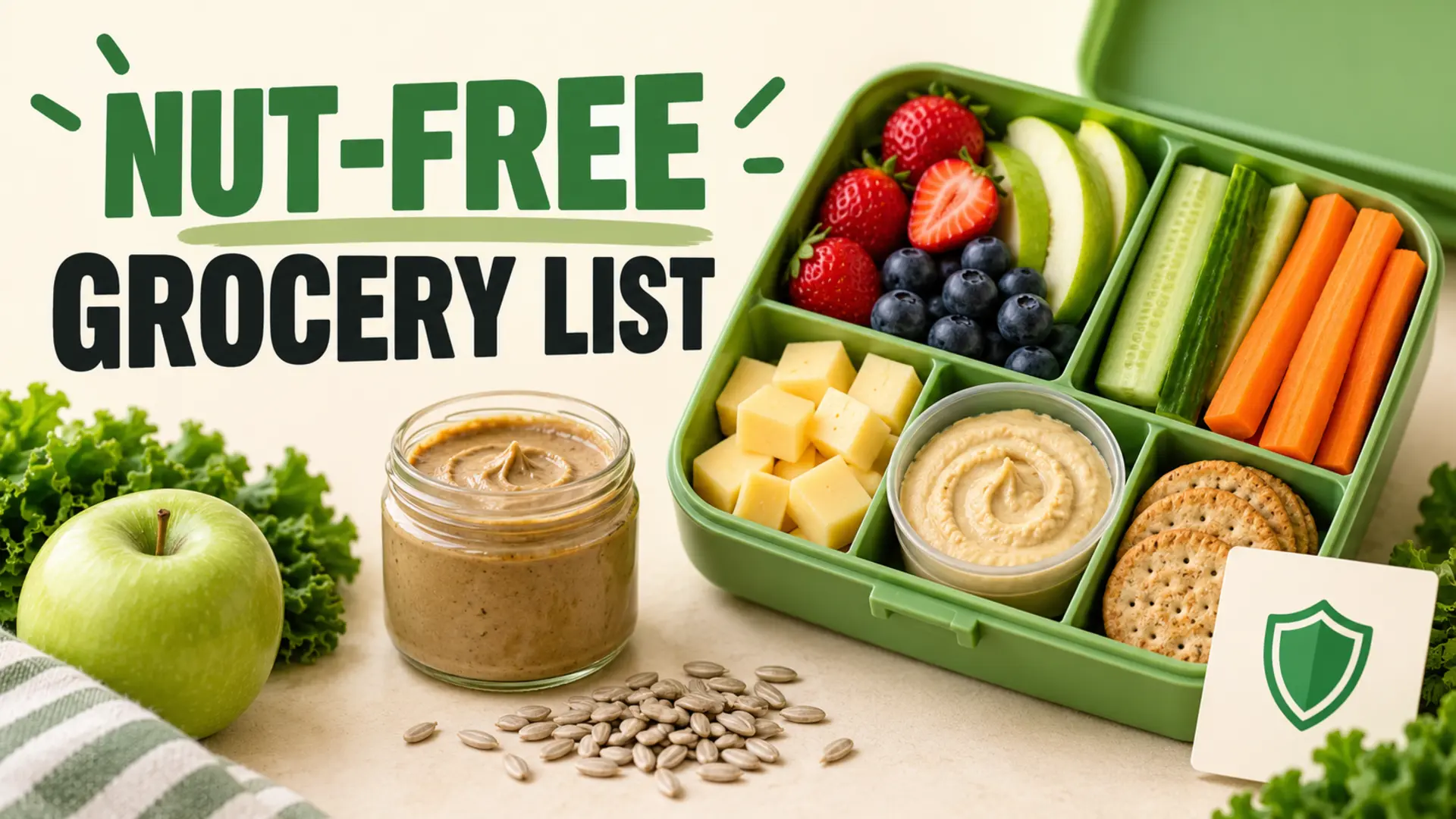 Nut-free grocery list with fruit, vegetables, cheese, hummus, crackers and seed spread