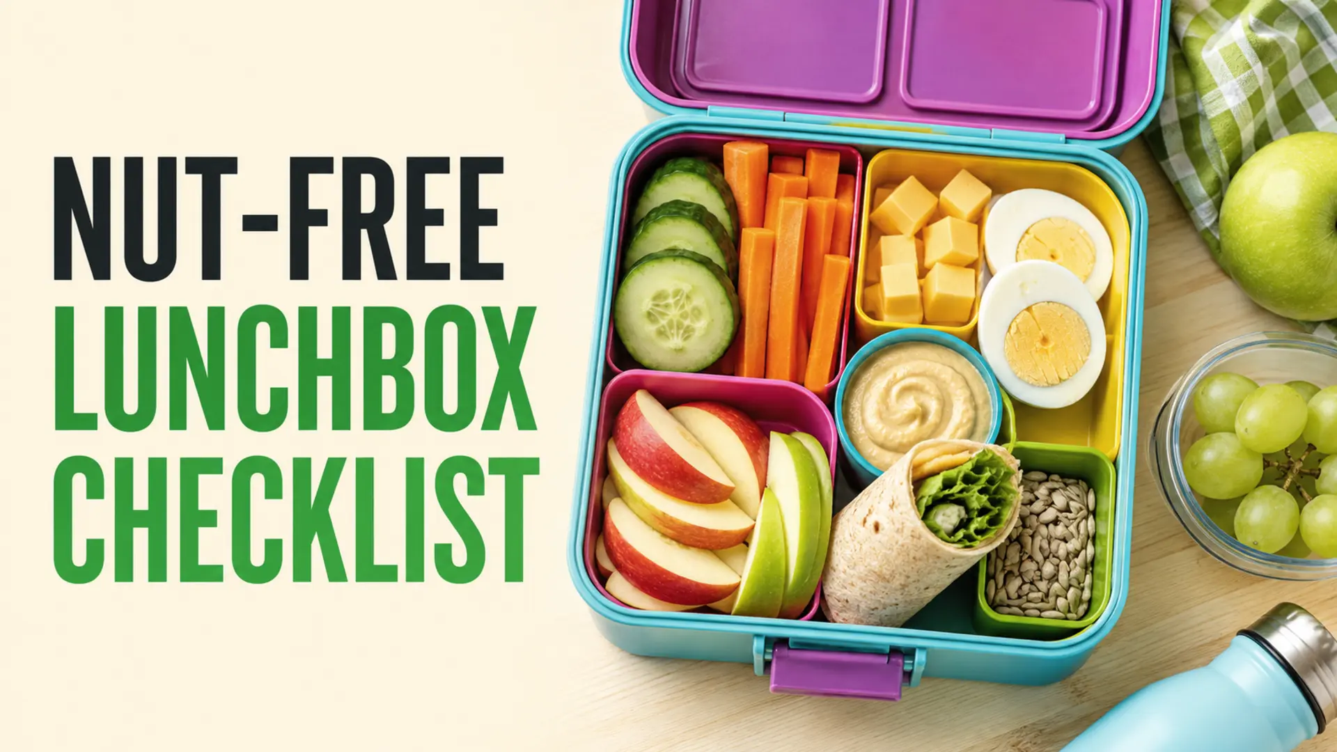 Nut-free lunchbox checklist with fruit, vegetables, hummus, cheese, egg, wrap, and insulated lunchbox
