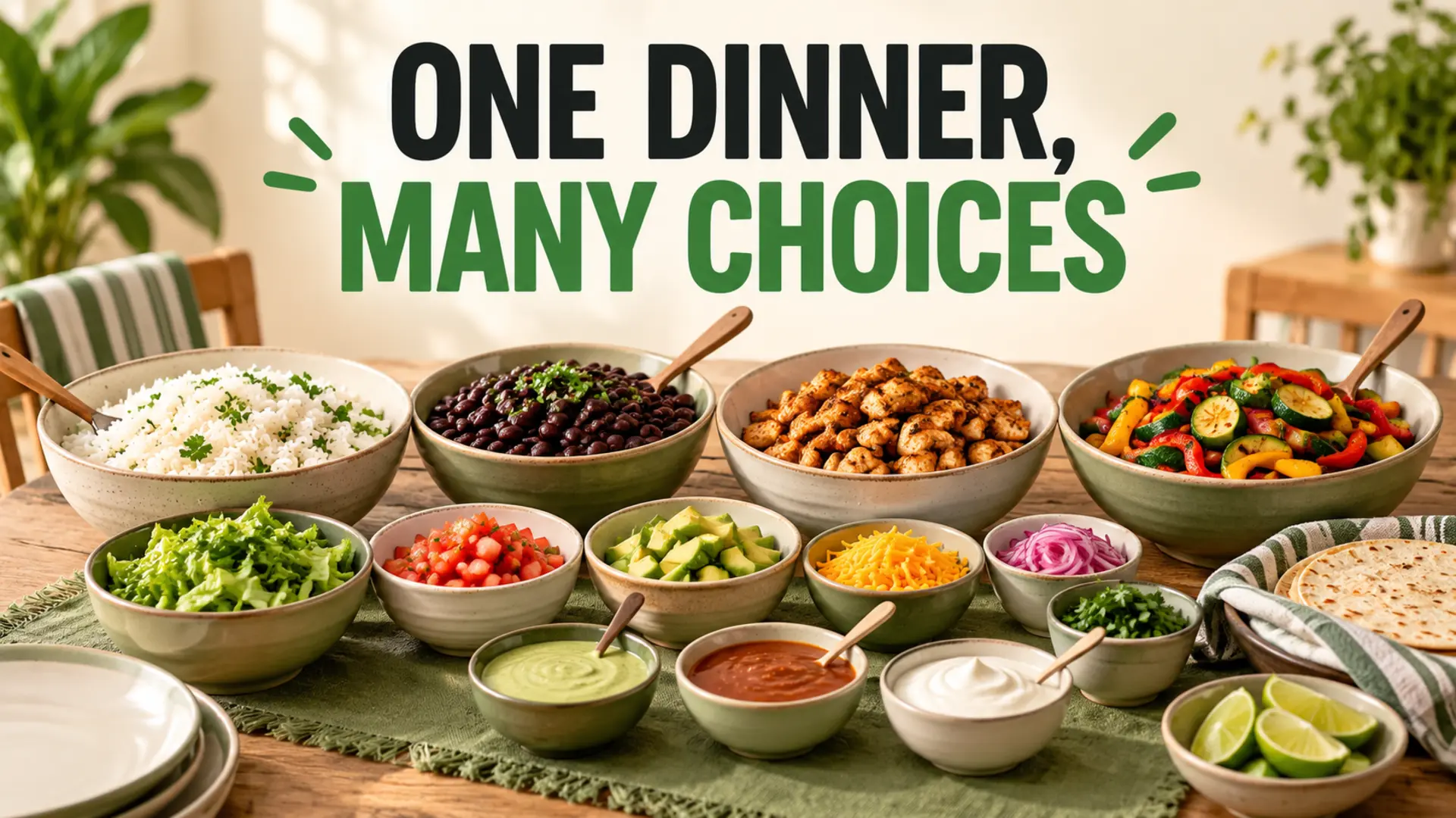 Customizable family dinner with rice, beans, chicken, vegetables and sauces