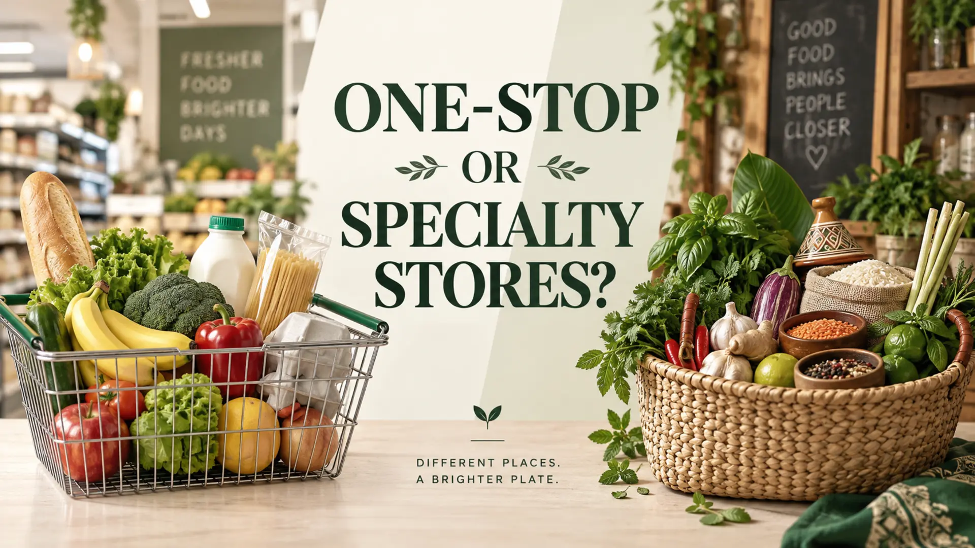 One-stop grocery basket compared with a specialty-store basket of varied ingredients