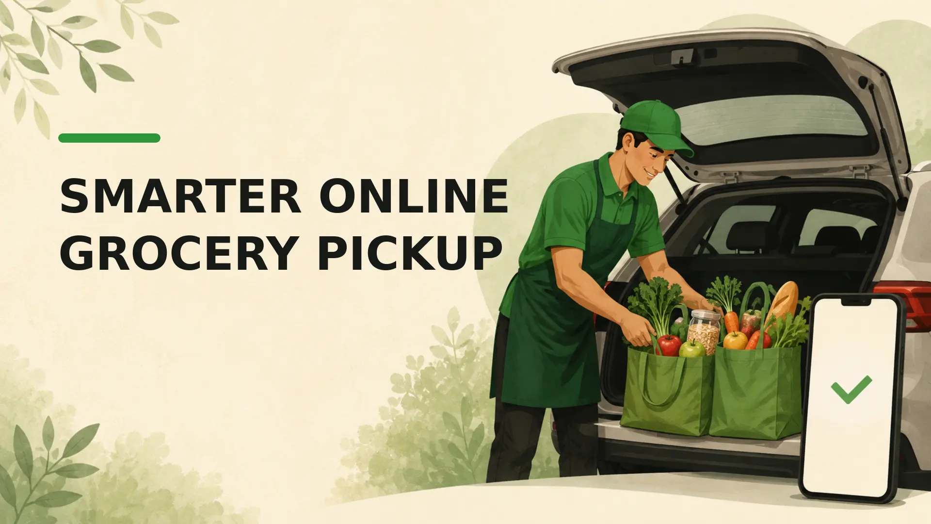 Online grocery pickup with a worker loading healthy groceries into a car while a shopper tracks the order digitally