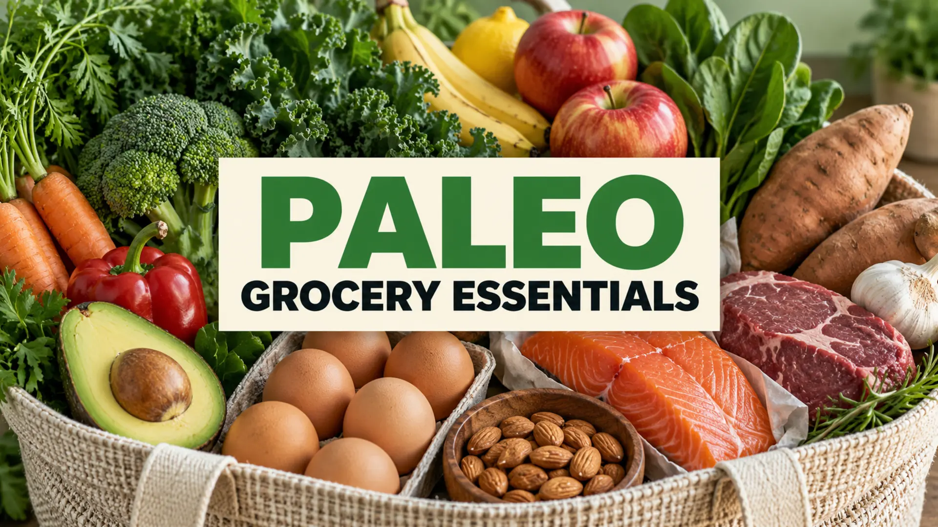Paleo grocery essentials with vegetables, fruit, eggs, fish, meat, nuts and root vegetables