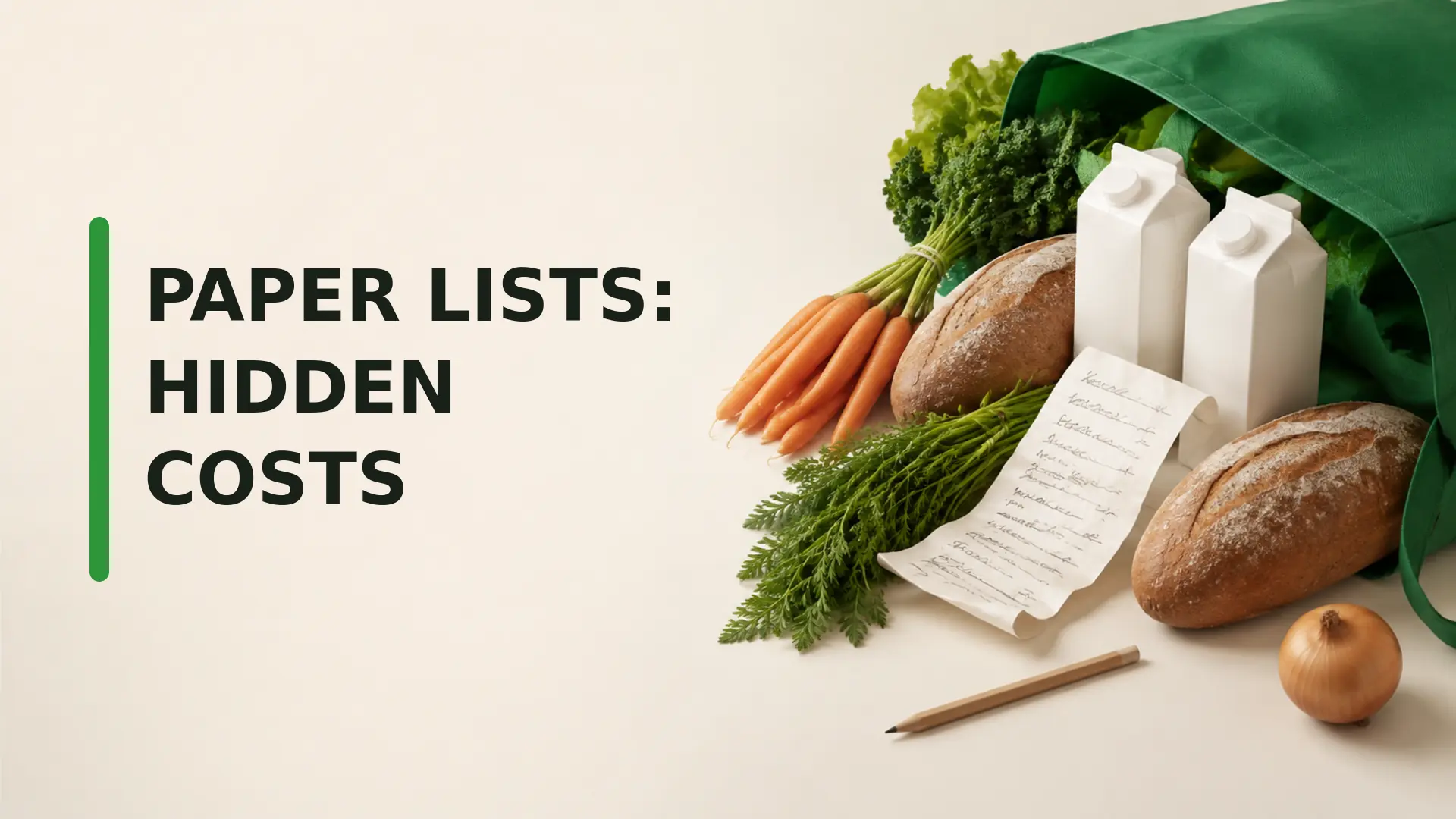Paper shopping lists beside duplicate milk, bread and carrots illustrating missed updates and double buying
