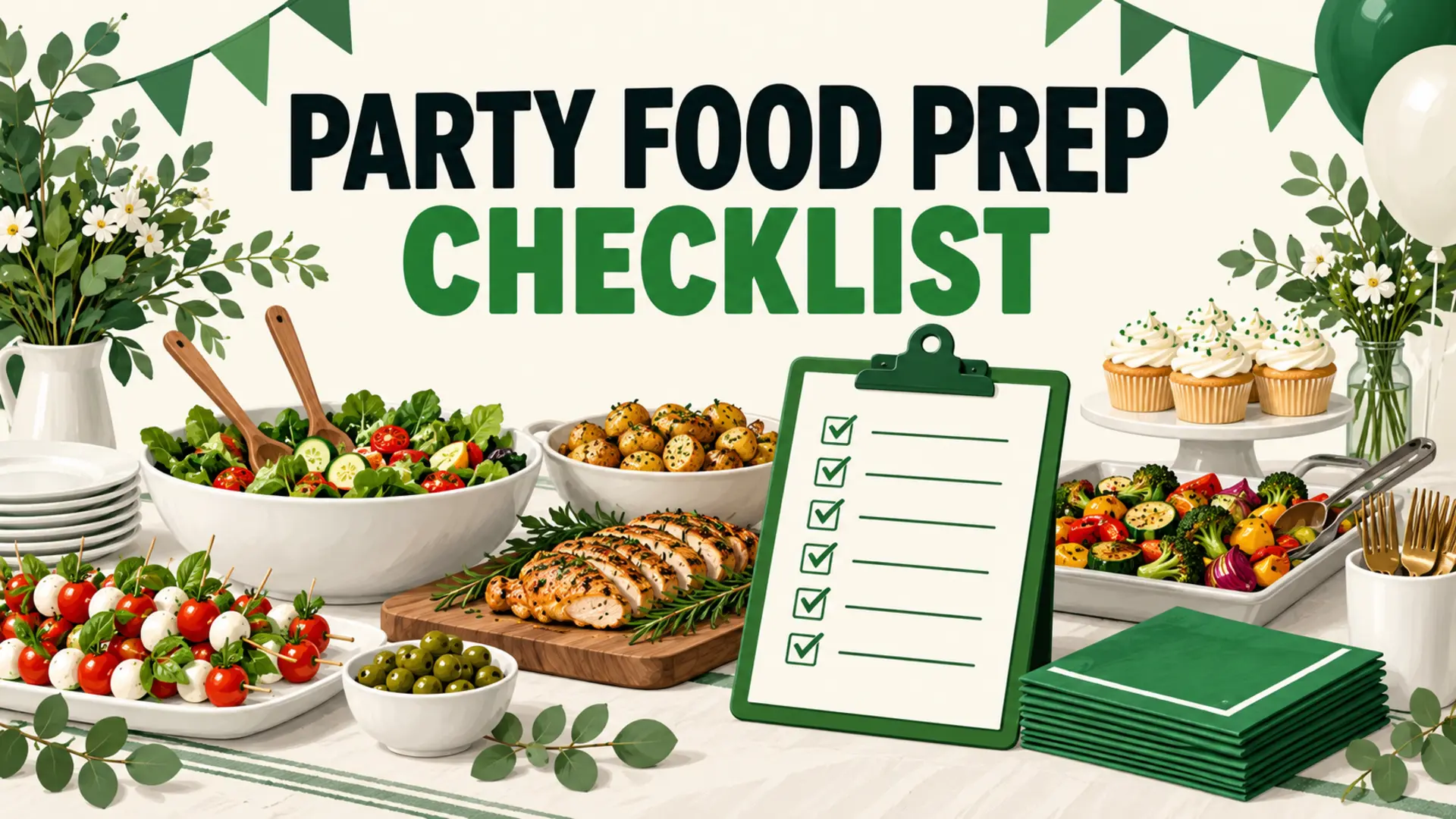 Party food prep checklist with buffet dishes, serving utensils and simple decorations