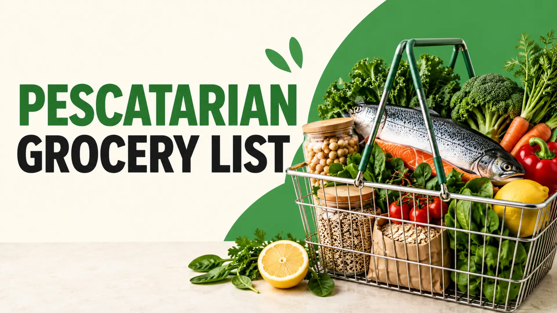 Pescatarian grocery list with fish, legumes, grains and vegetables