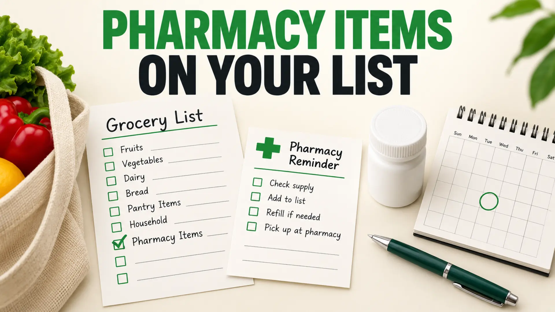 Pharmacy items on a grocery list beside a reminder card, calendar and closed container