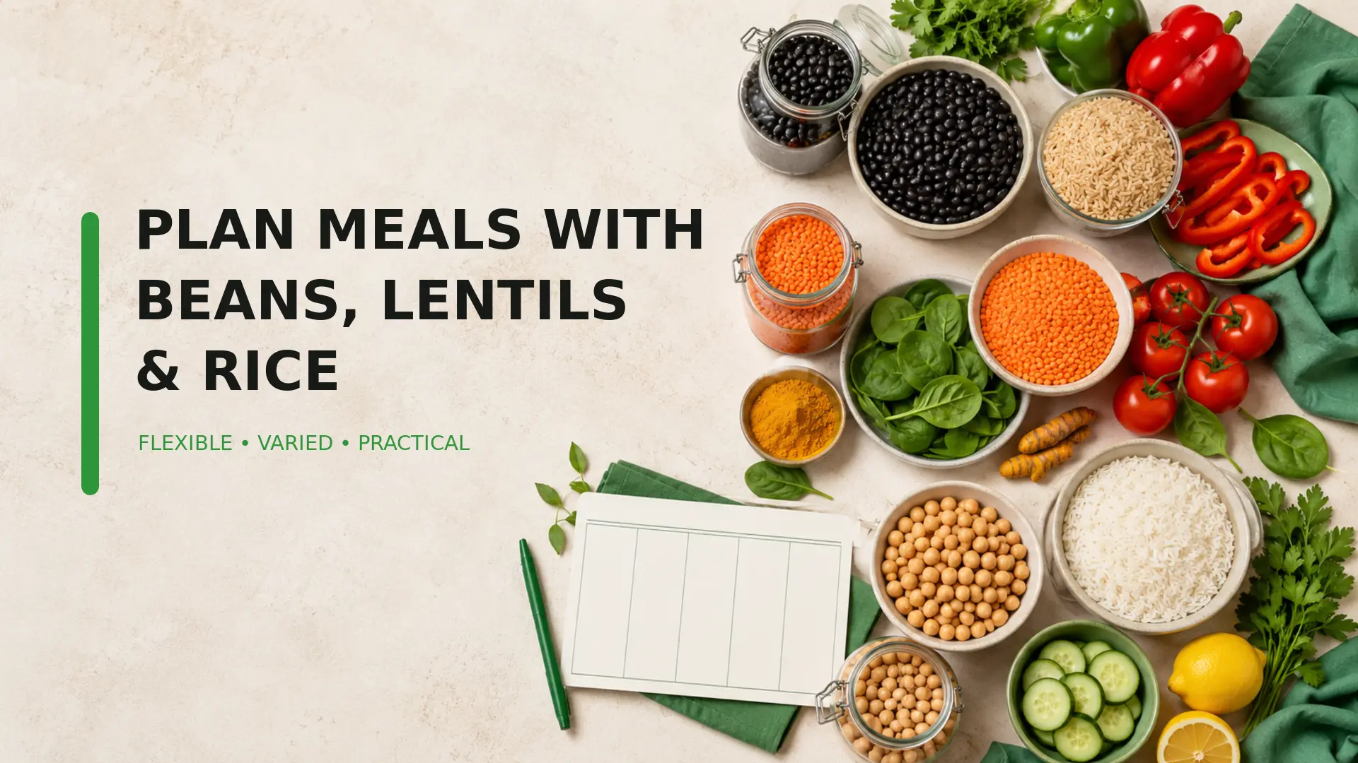 Meal planning with beans, lentils and rice alongside vegetables, herbs, spices and a weekly planning card