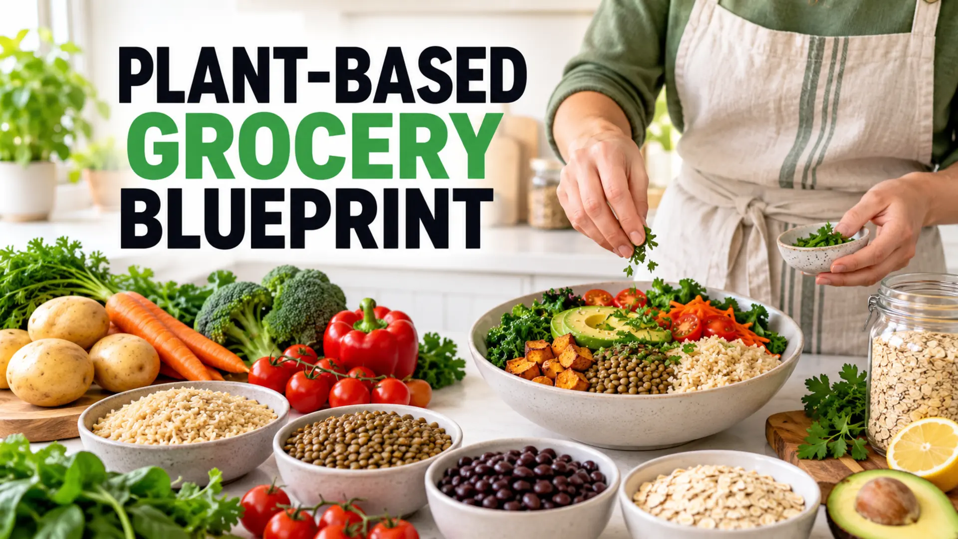 Plant-based grocery blueprint with potatoes, grains, lentils, beans and vegetables