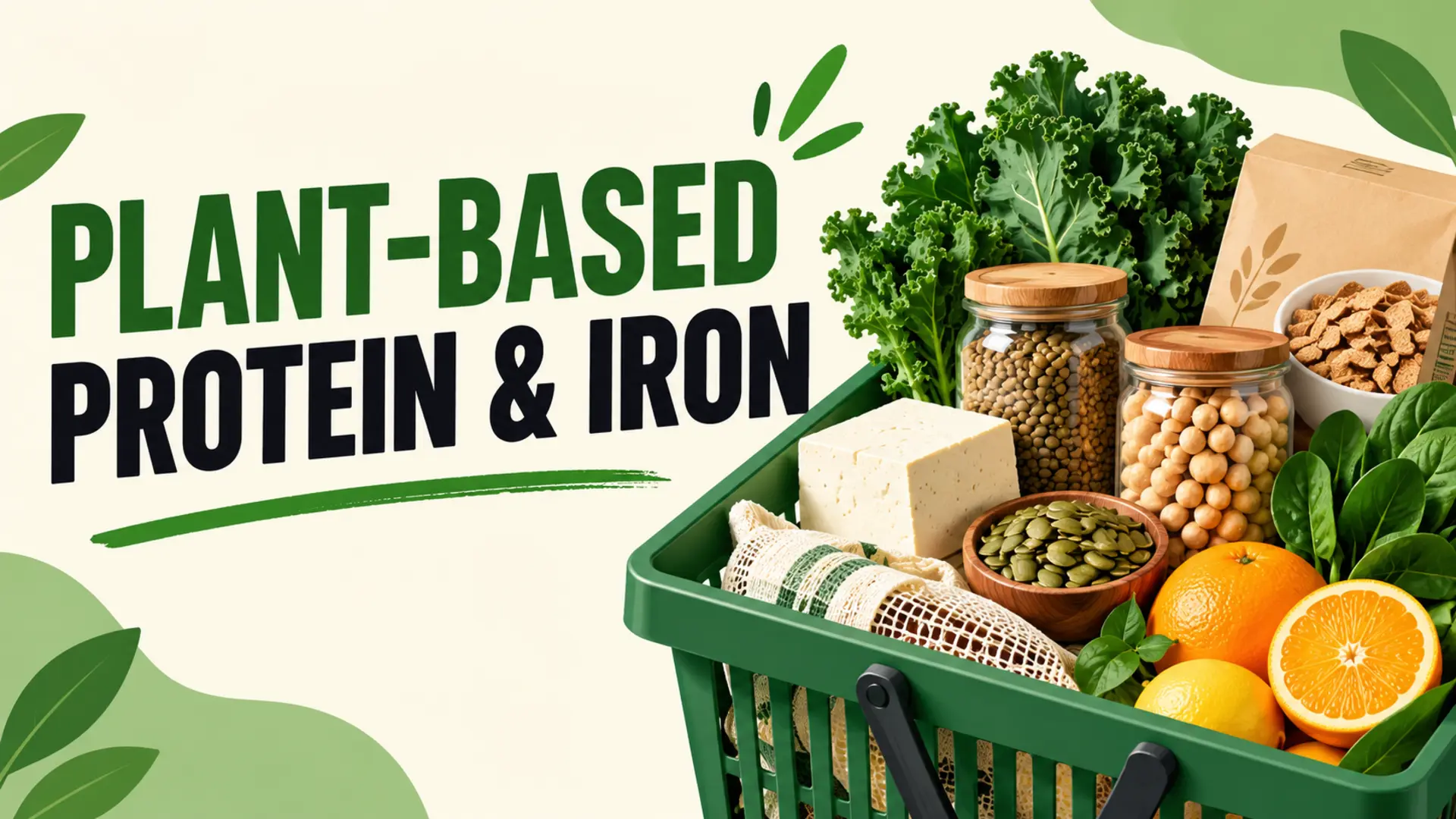 Plant-based protein and iron groceries with tofu, lentils, chickpeas, leafy greens, seeds and citrus