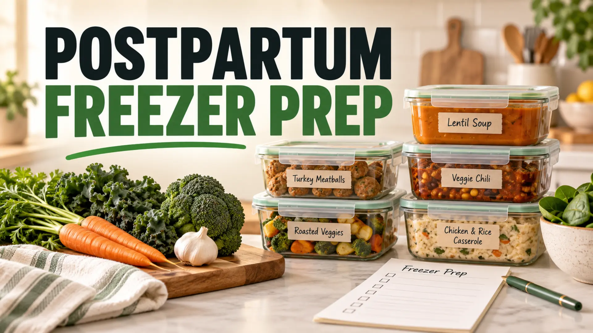 Postpartum freezer prep checklist with ready-to-freeze meals and vegetables