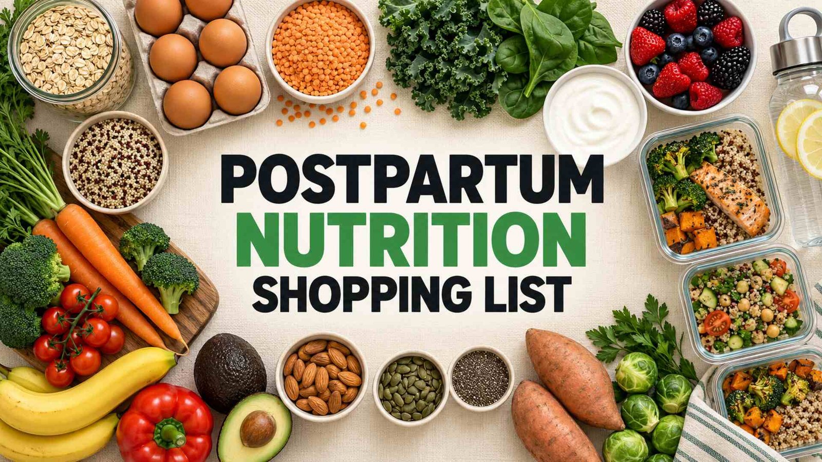 Postpartum nutrition shopping list with oats, eggs, lentils, greens, berries, yogurt and prepared meals