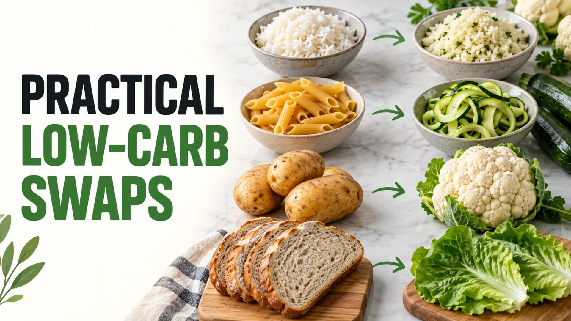 Practical low-carb swaps comparing rice, pasta, potatoes and bread with vegetable alternatives
