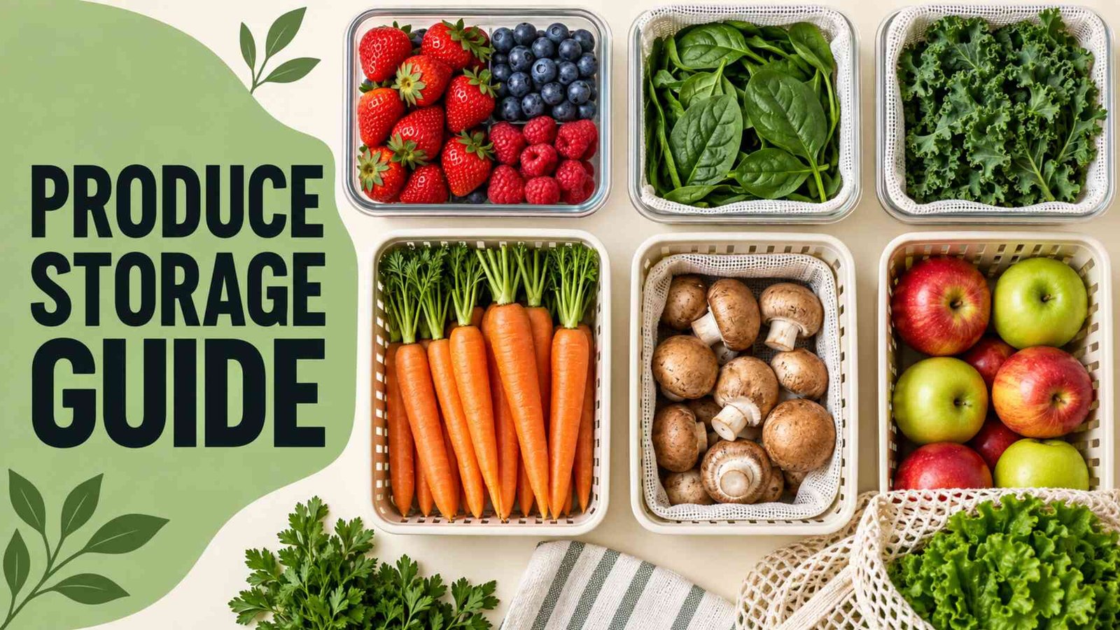 Produce storage guide with berries, greens, carrots, mushrooms and apples