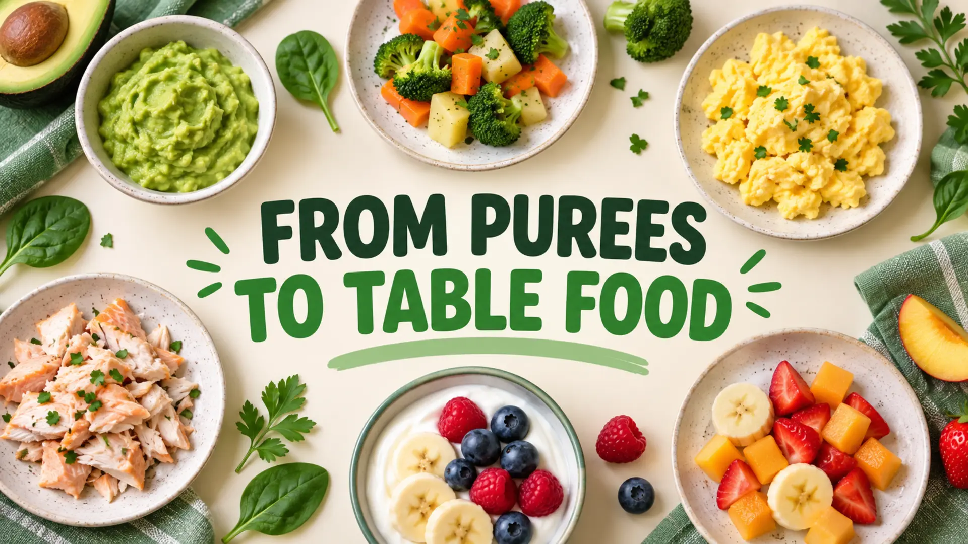 Soft table foods for toddlers including avocado, cooked vegetables, egg, fish, yogurt and fruit
