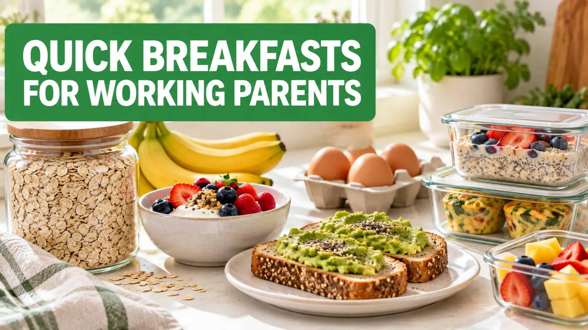 Quick breakfasts for working parents with oats, eggs, fruit, yogurt and toast