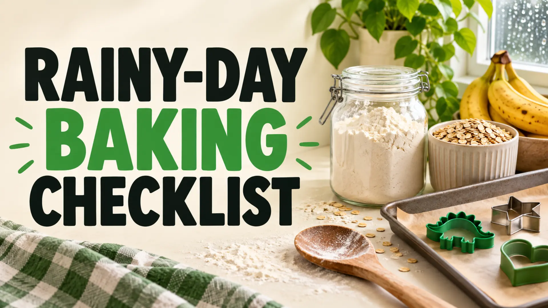 Rainy-day baking checklist with flour, oats, bananas and child-safe cookie cutters
