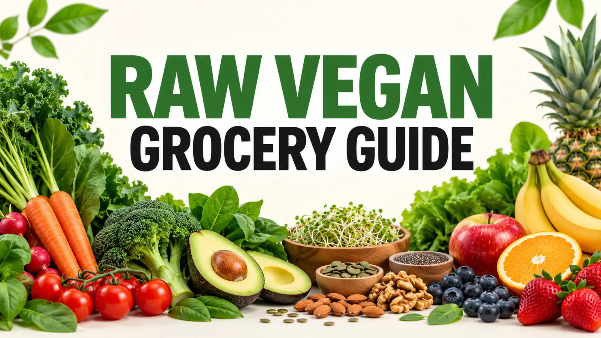 Raw vegan grocery guide with vegetables, fruit, nuts, seeds and sprouts