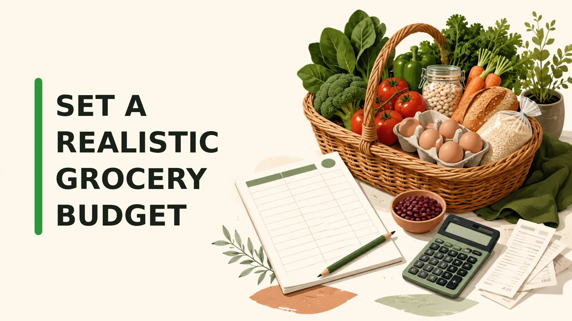 Realistic grocery budget planning with a healthy grocery basket, worksheet, calculator and receipts