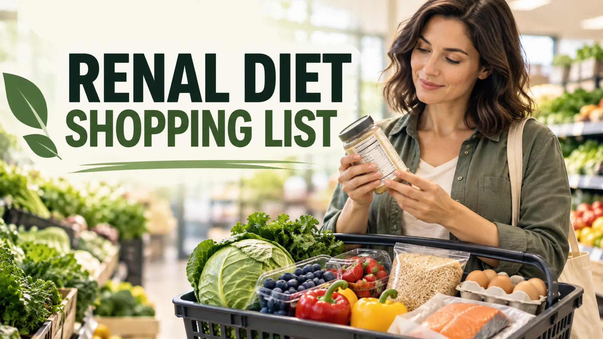 Renal diet shopping list with a shopper comparing labels beside varied groceries