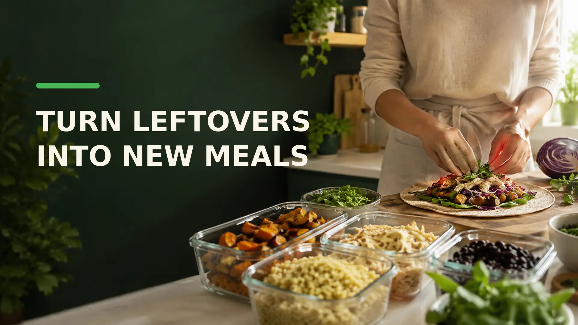 Repurpose leftovers into new meals using cooked grains, roasted vegetables, beans and chicken in fresh wraps