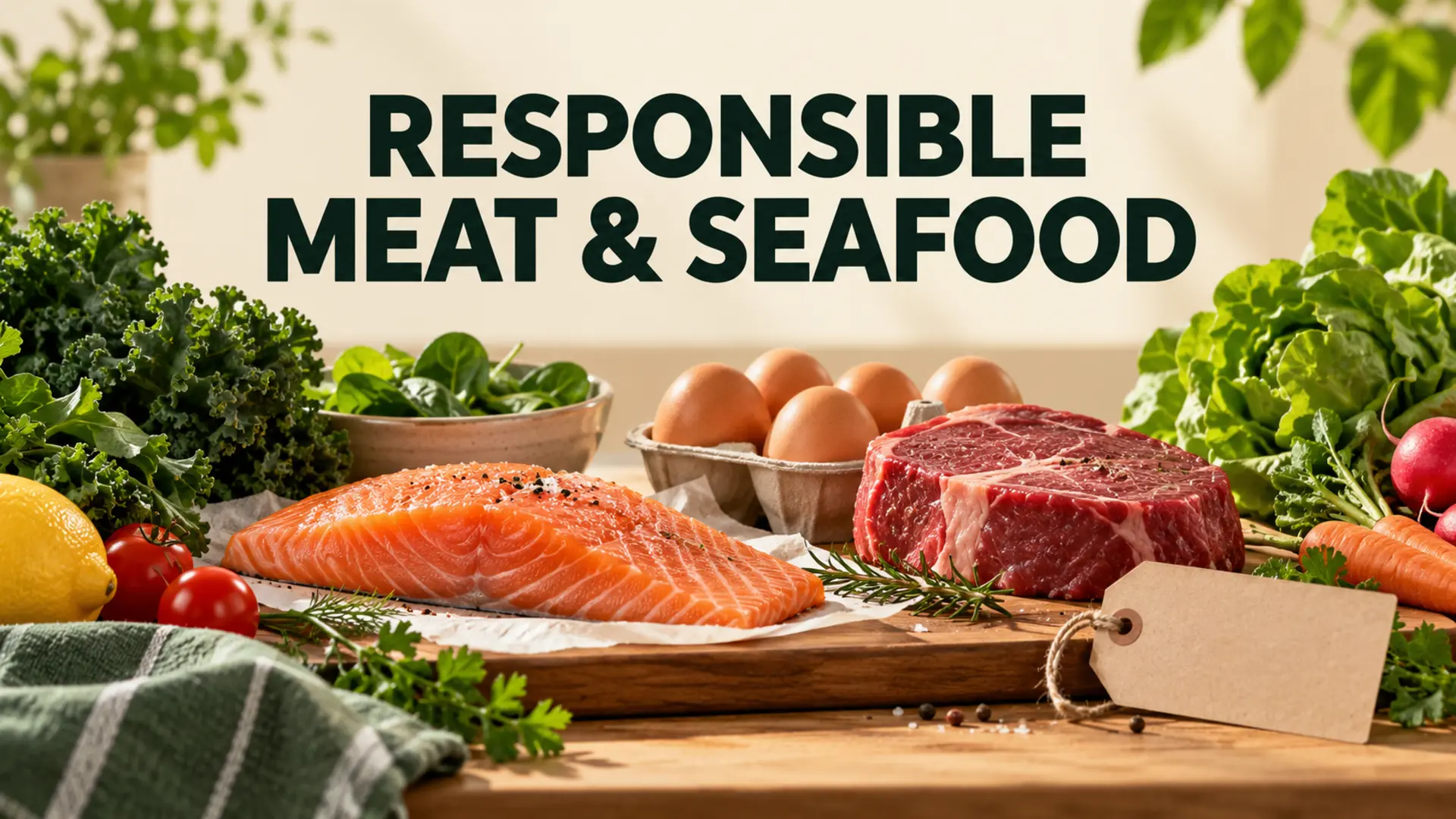 Responsible meat and seafood shopping with fish, eggs, meat and vegetables