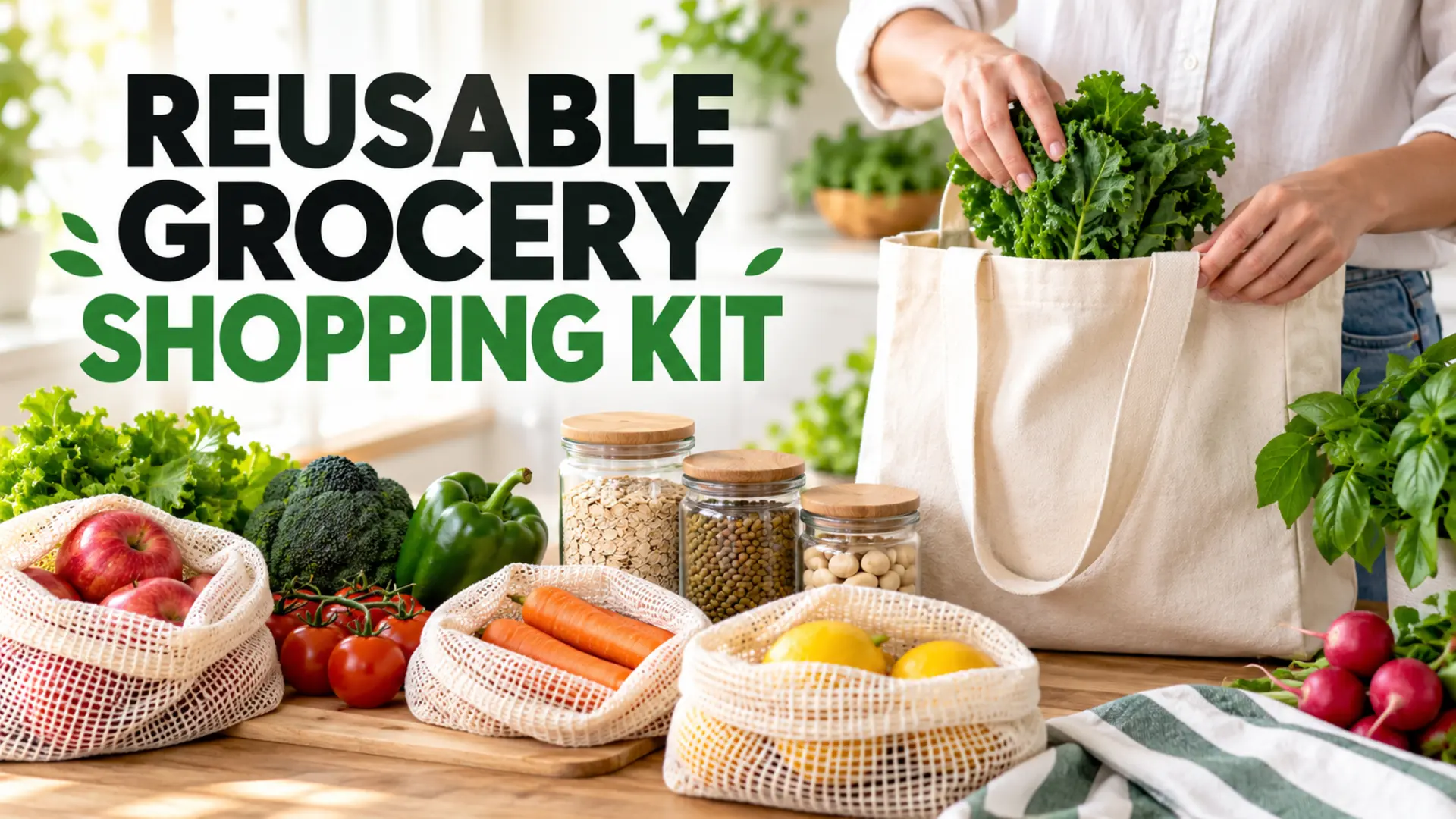 Reusable grocery shopping kit with produce bags, jars, tote and fresh vegetables