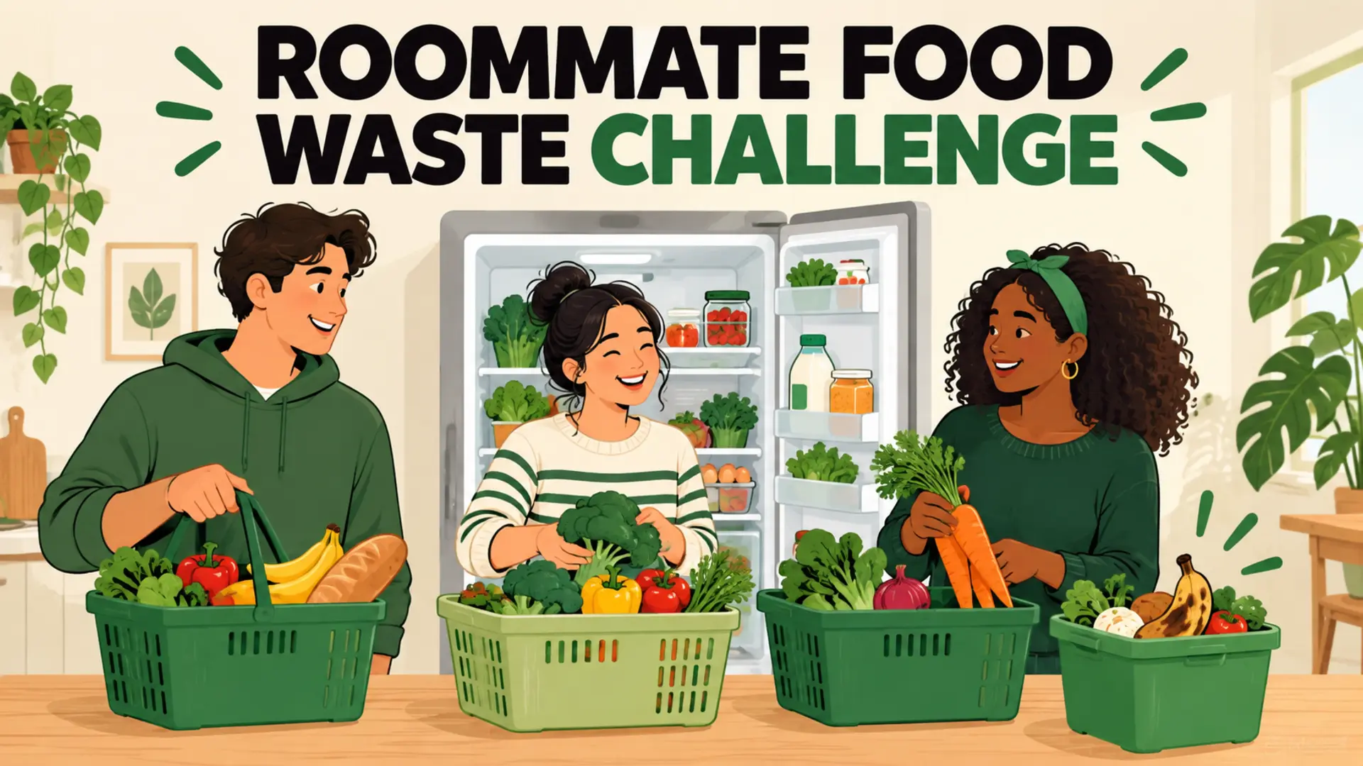 Roommate food waste challenge with shared groceries and an organized refrigerator