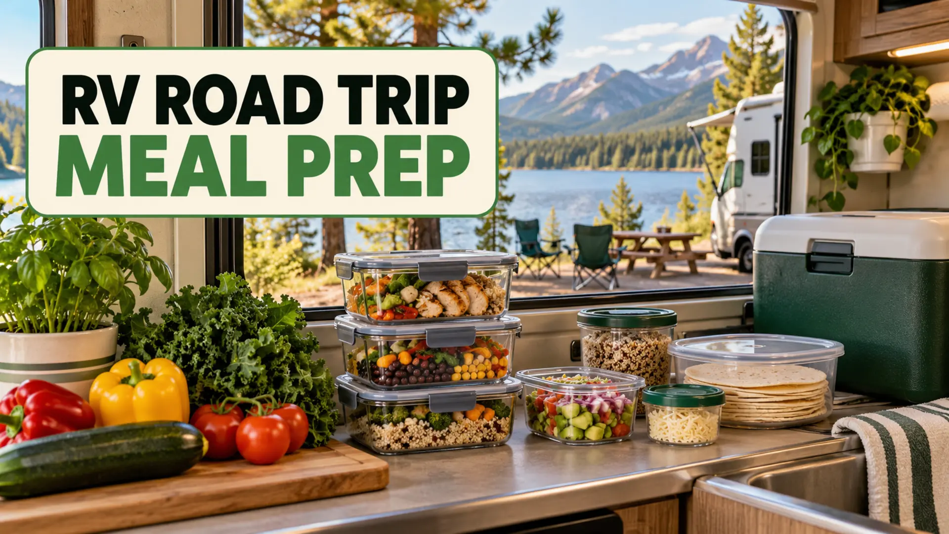 RV road trip meal prep with organized containers, vegetables, grains and a cooler