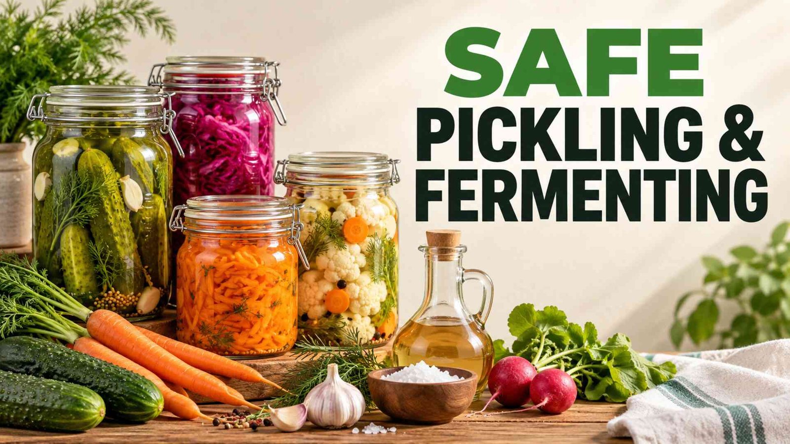 Safe pickling and fermenting guide with vegetables, vinegar, salt and clean jars