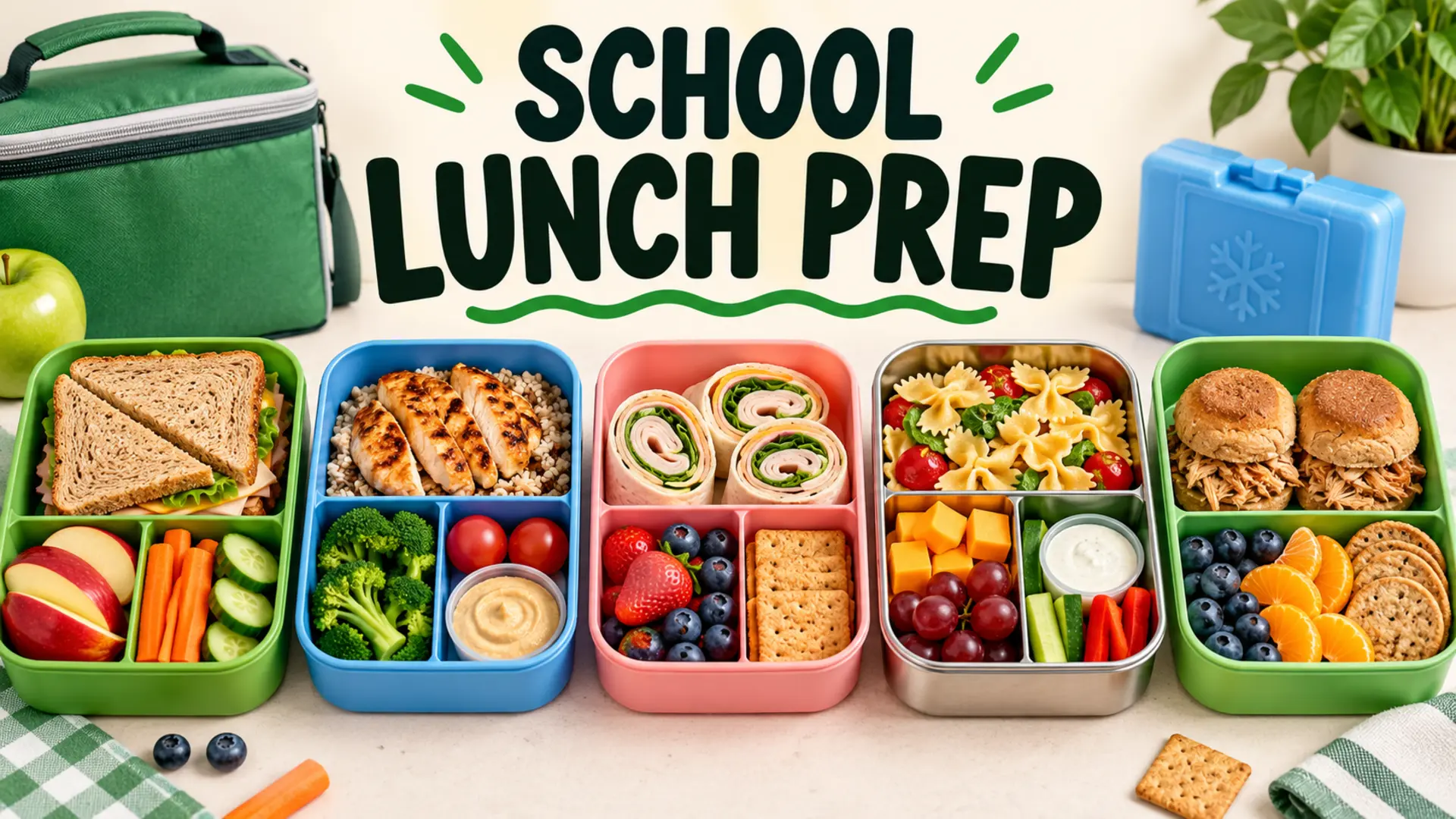 School lunch prep with varied sandwiches, cooked protein, fruit, vegetables and dips