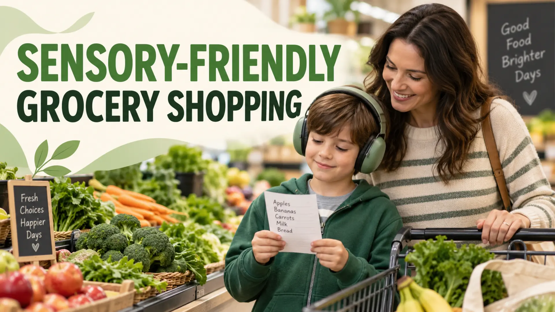 Sensory-friendly grocery shopping with headphones and a short paper list