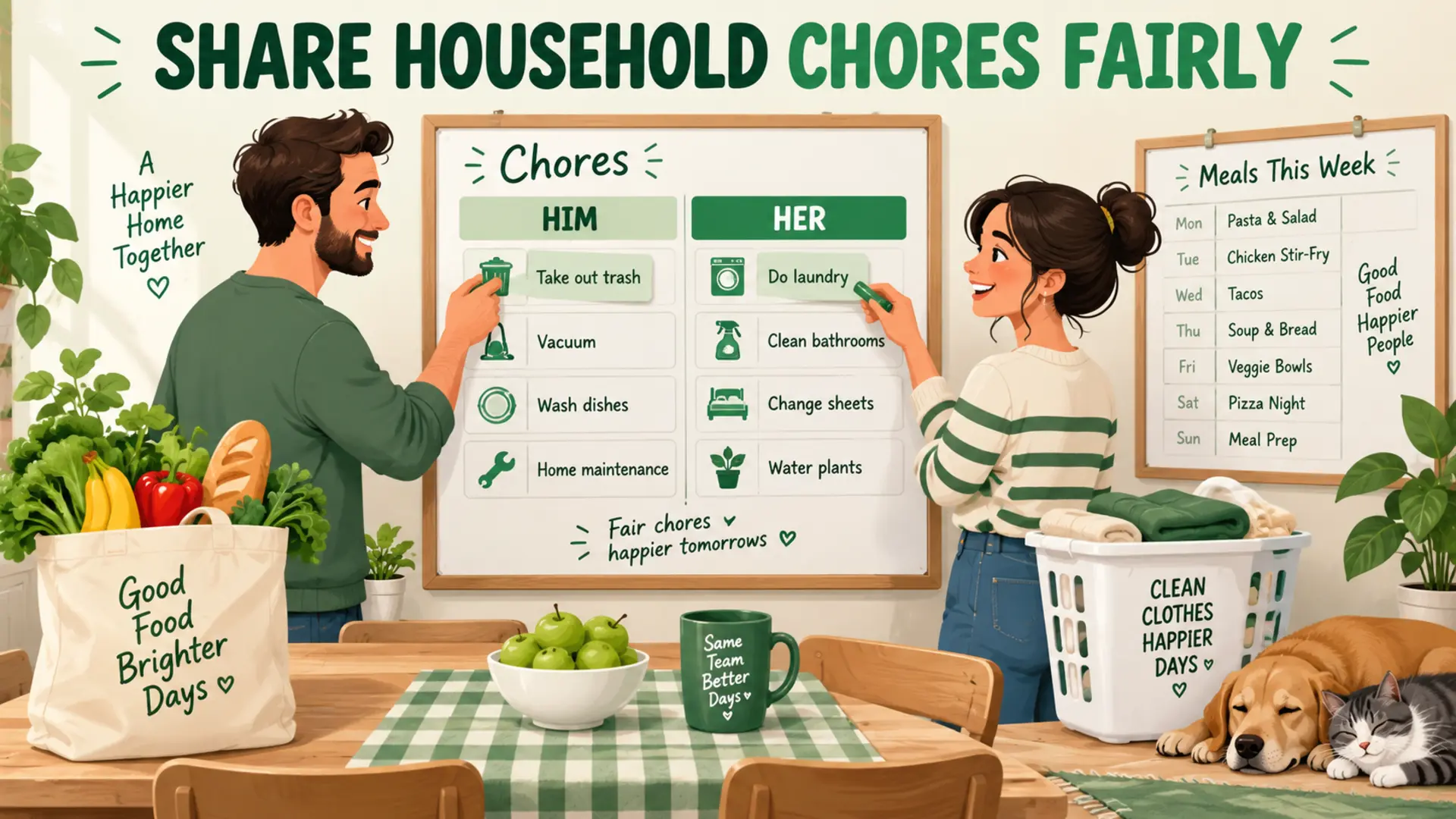 Adults using a shared household chore board for groceries, meals, laundry and cleaning